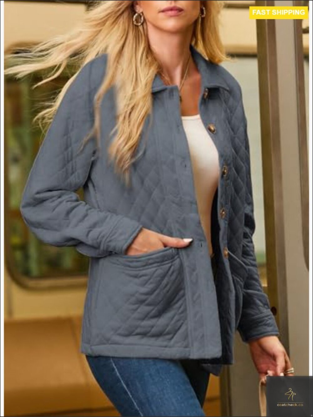 Women's Quilted Button Down Jacket Long Sleeve Casual Lightweight Coat with - Picture 2 of 7